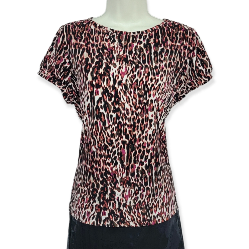Worthington Stretch Mini Leopard Multi Animal Print Short Sleeve Top LP & XLP